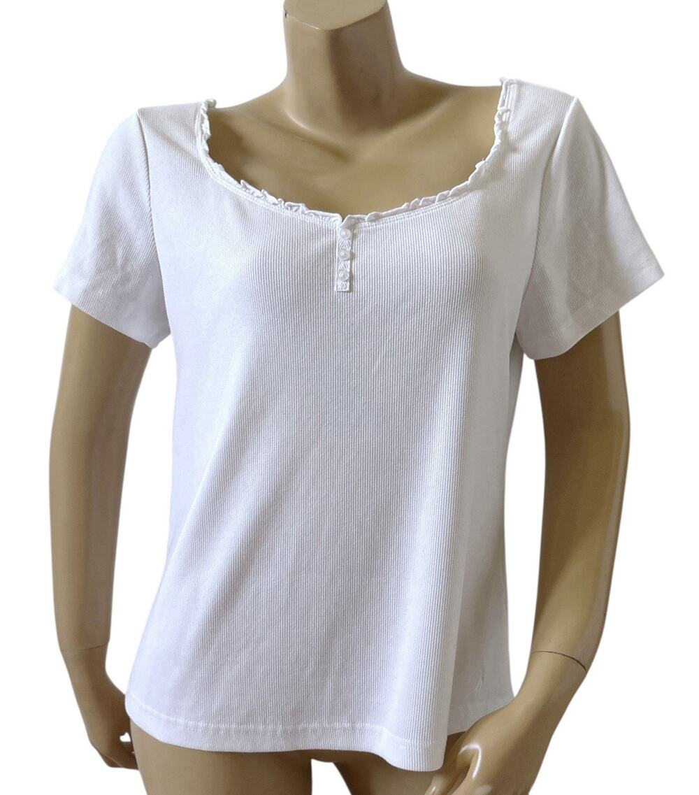 Nautica Top Womens XL White Ribbed Ruffle Scoop Neck Short Sleeve Cotton Stretch